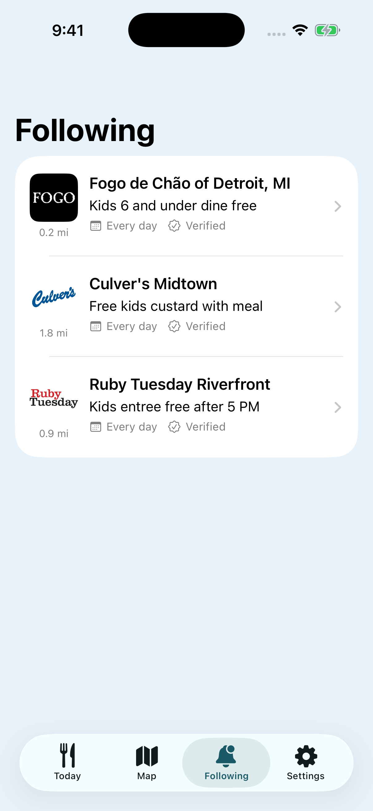 Kids Eat Free Following screen showing multiple followed restaurants.