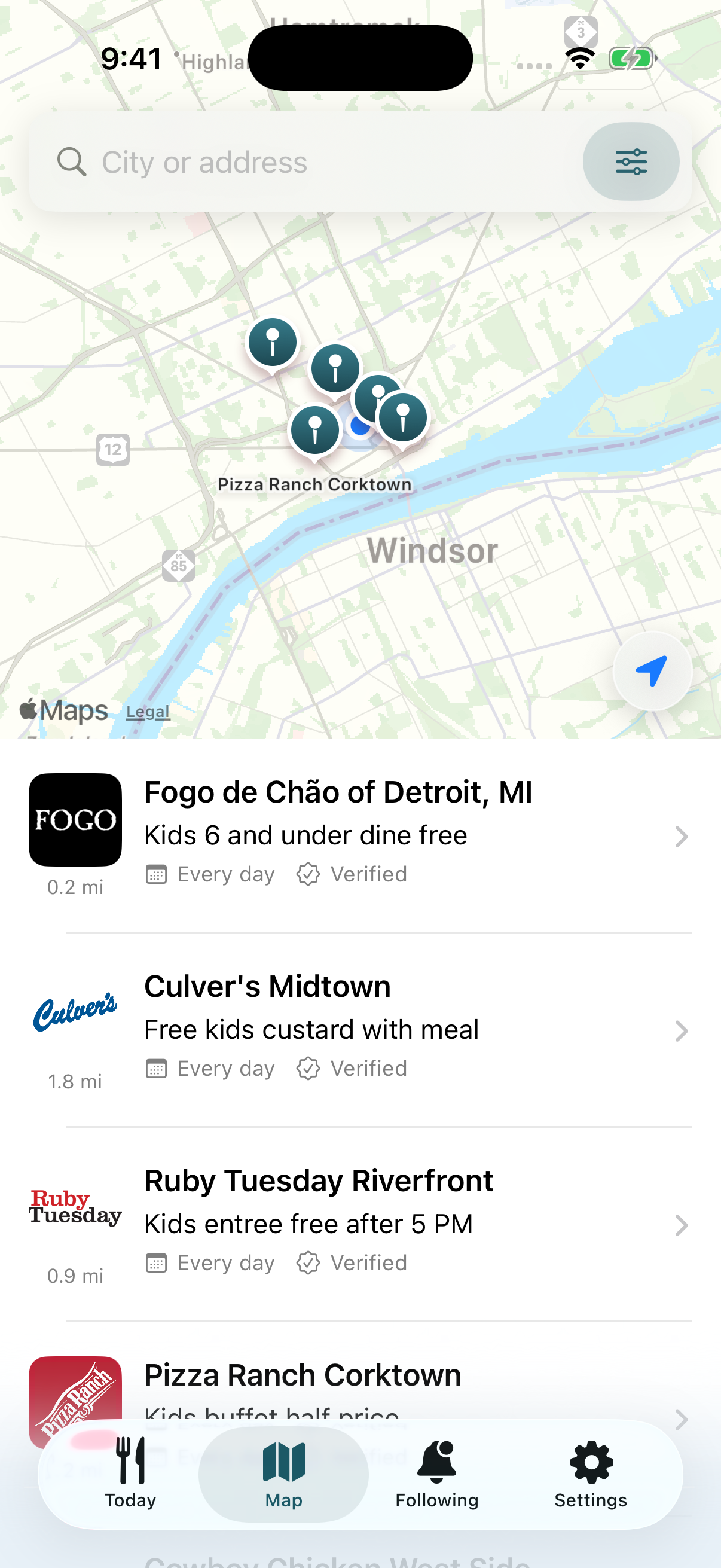 Kids Eat Free map screen showing multiple nearby restaurant deals.