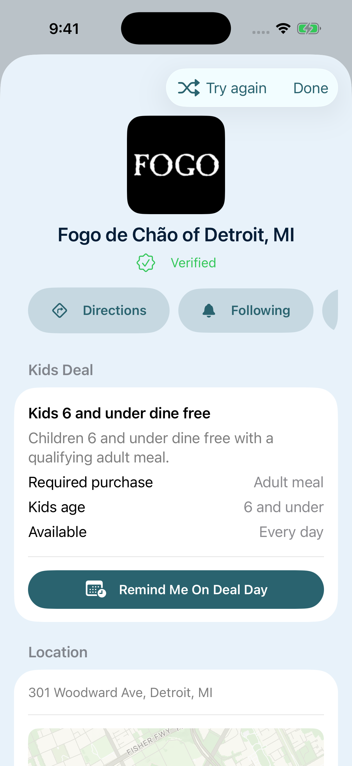 Kids Eat Free random pick screen showing a selected restaurant deal.