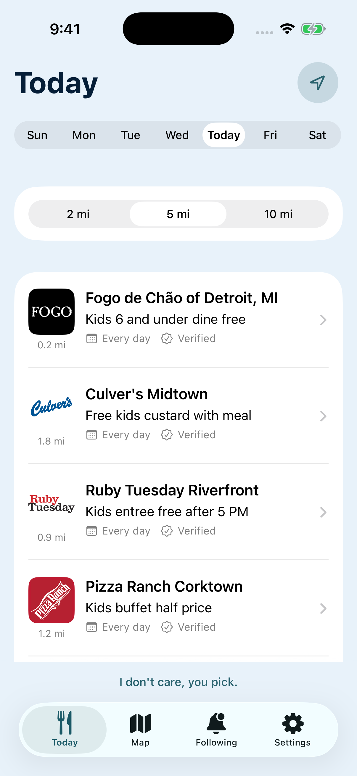 Kids Eat Free Today screen showing multiple nearby deals.